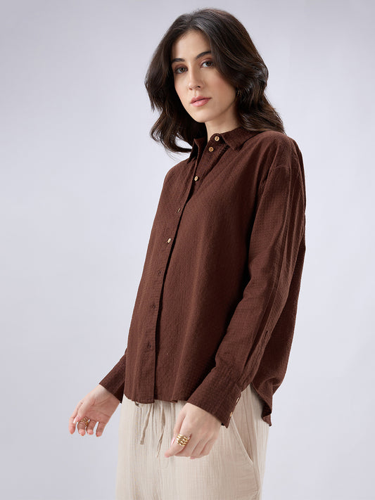 Chocolate Brown Jacquard Weave Oversized Shirt