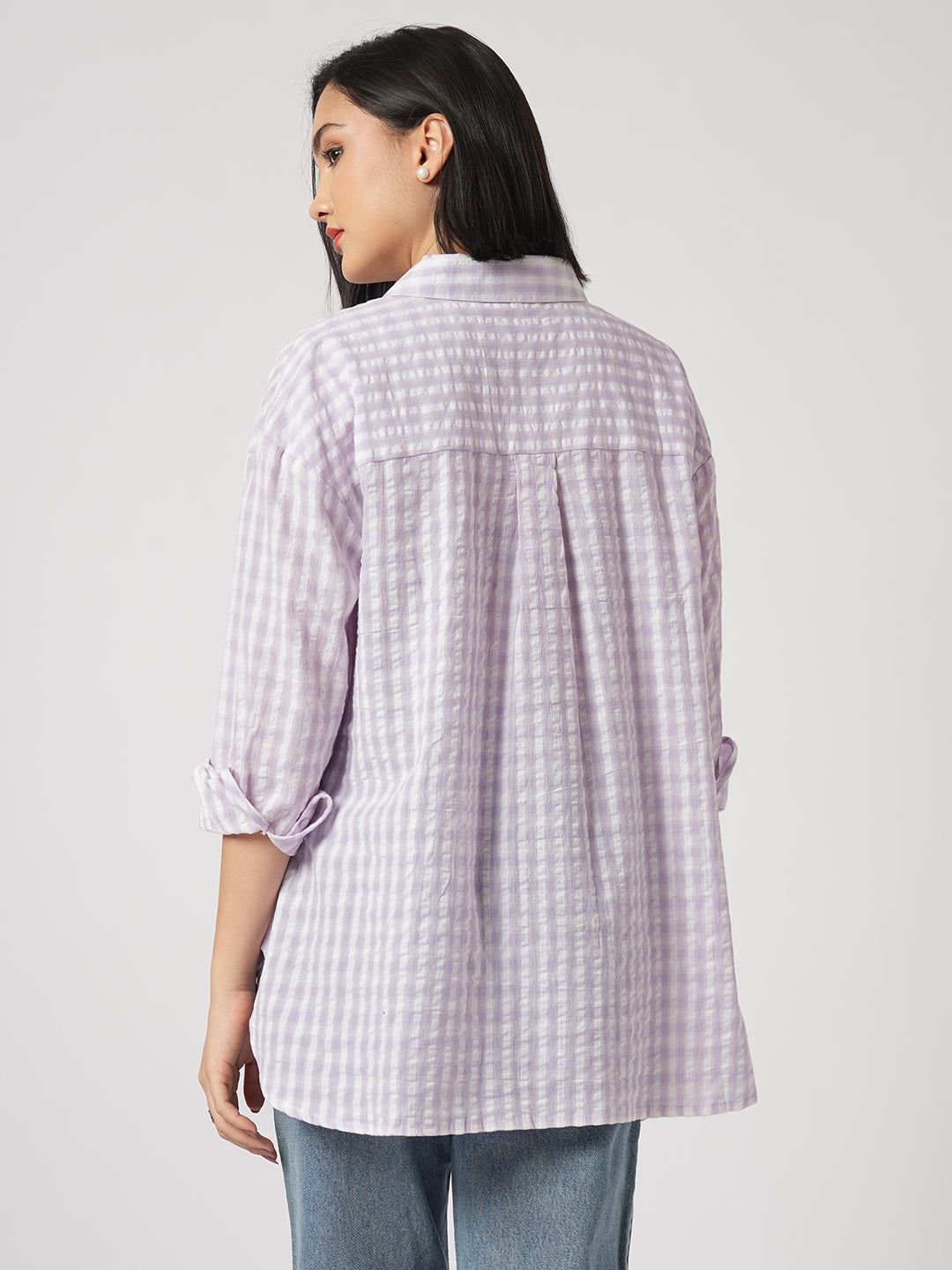 White & Lavendar Gingham Checks Oversized Shirt