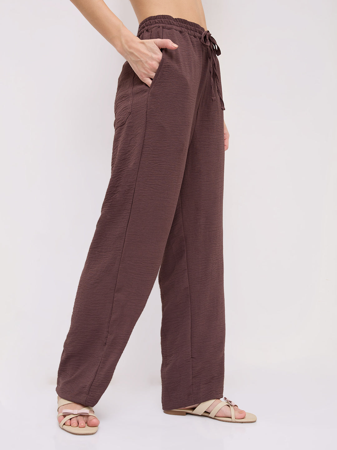 Luxe Warm Brown Crinkled Straight Fit Trousers