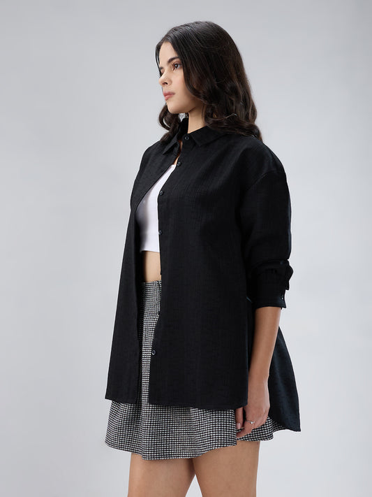Black Slub Textured Oversized Shirt