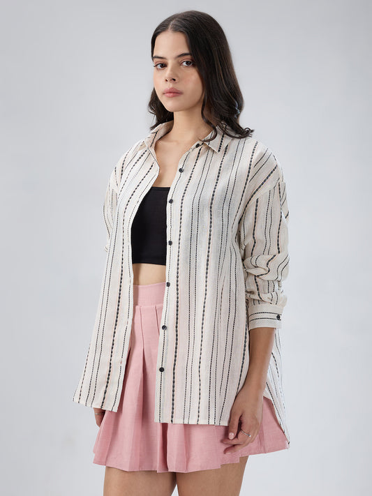 Burlap Ivory Vertical Striped Dobby Oversized Shirt