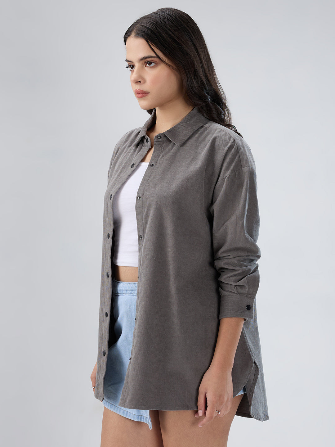 Solid Slate Grey Corduroy Oversized Shirt