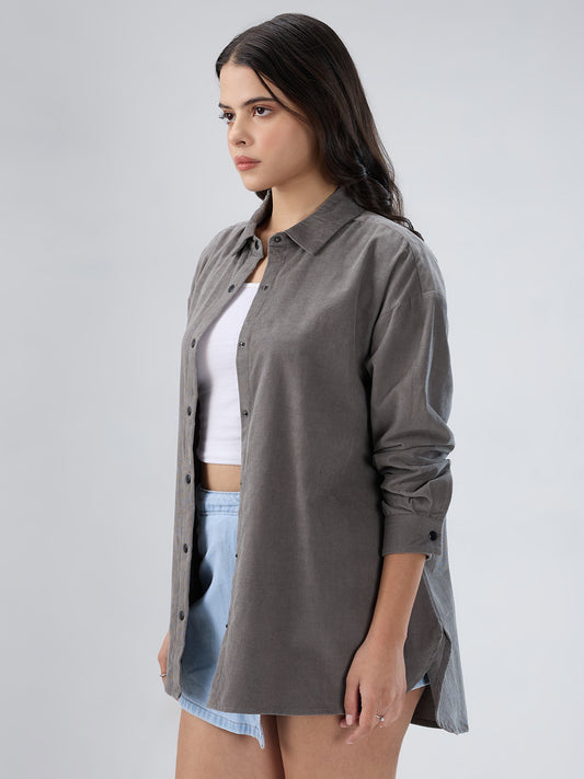 Solid Slate Grey Corduroy Oversized Shirt