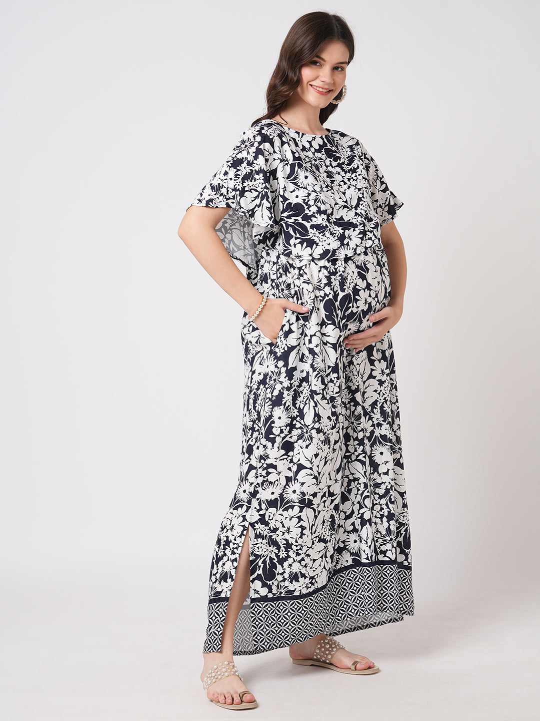 Monochrome Bloom Printed Maternity Dress