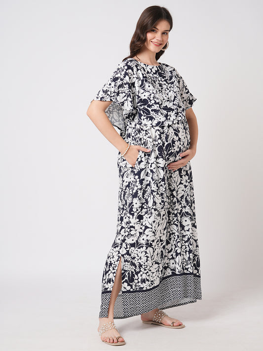 Monochrome Bloom Printed Maternity Dress