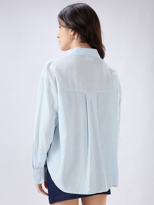 Sea Blue Linen Blend Oversized Shirt