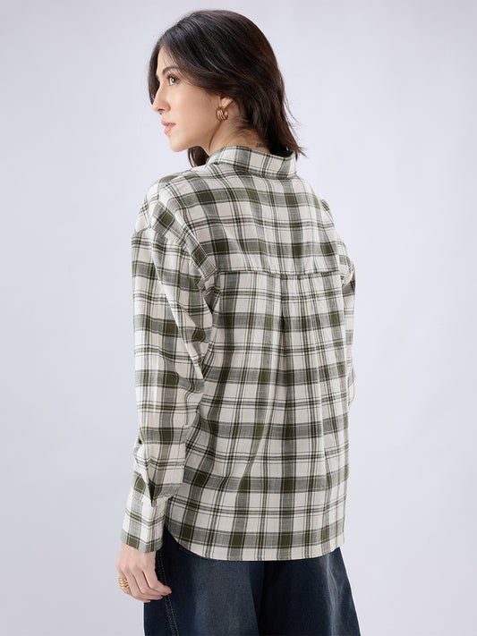 Olive & White Tartan Checkered Oversized Shirt