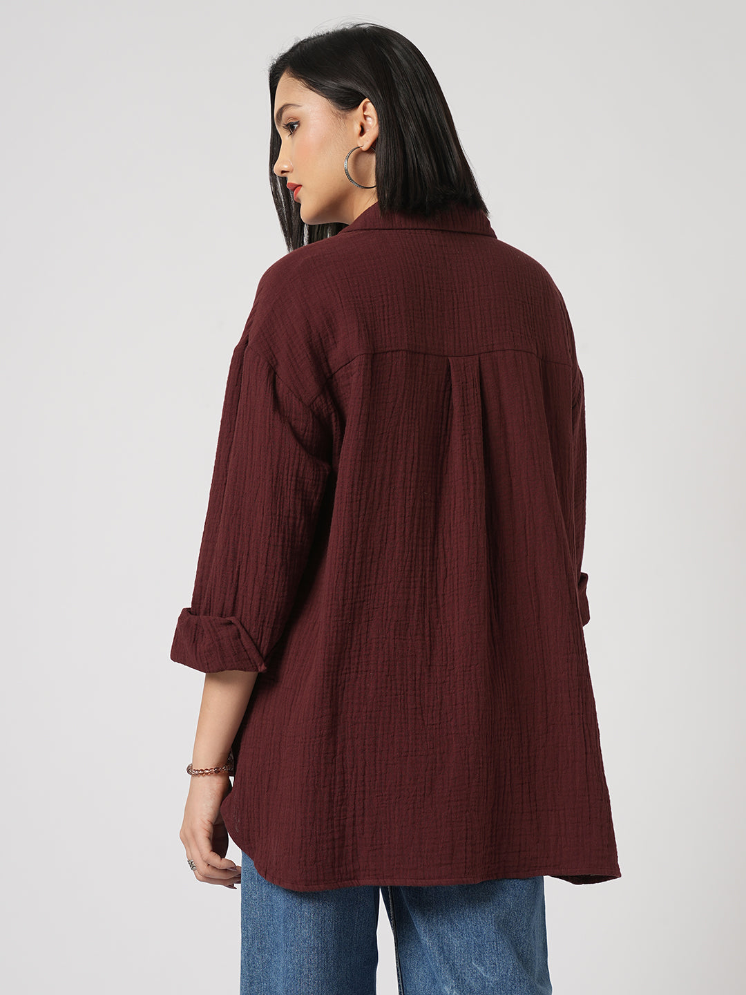 Solid Wine Double Cloth Oversized Shirt