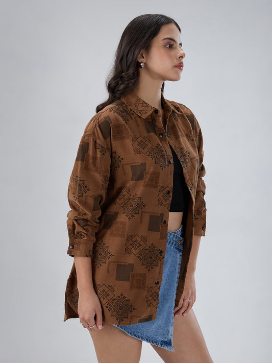 Brown Paisley Printed Corduroy Oversized Shirt