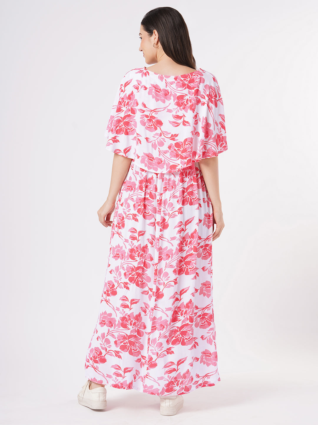 White & Pink Serene Floral Printed Maternity Crepe Dress