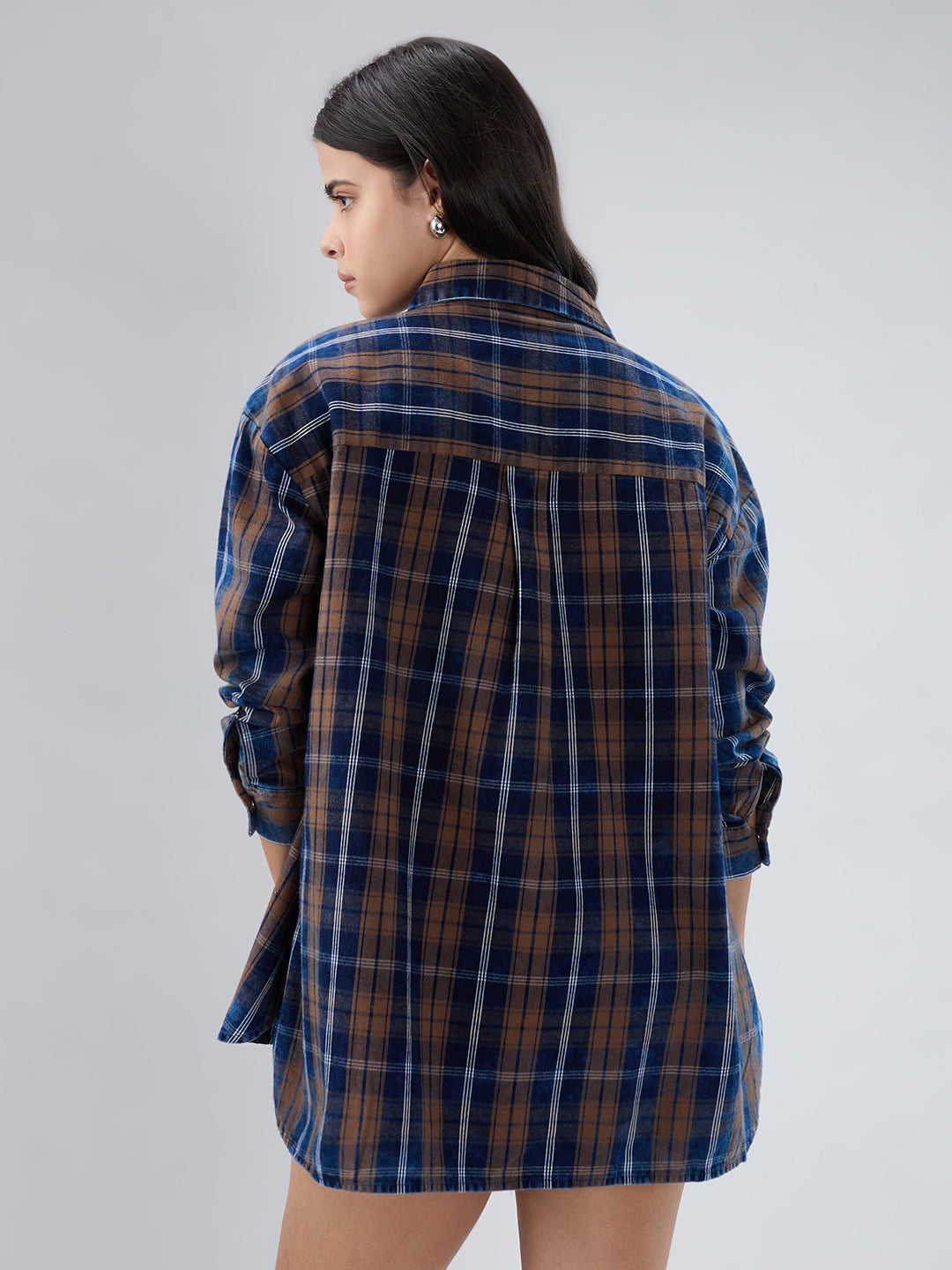 Navy & Brown Tartan Checked Corduroy Oversized Shirt