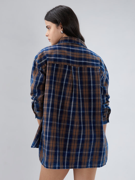 Navy & Brown Tartan Checked Corduroy Oversized Shirt