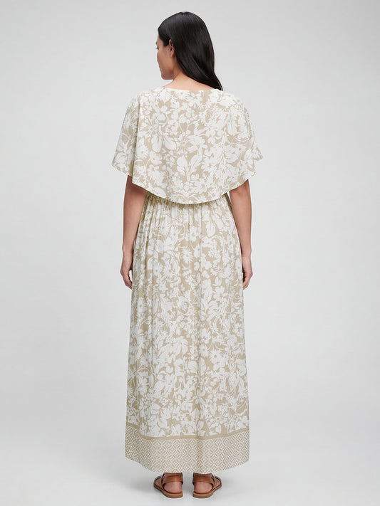 Serene Bloom Beige & White Printed Maternity Dress