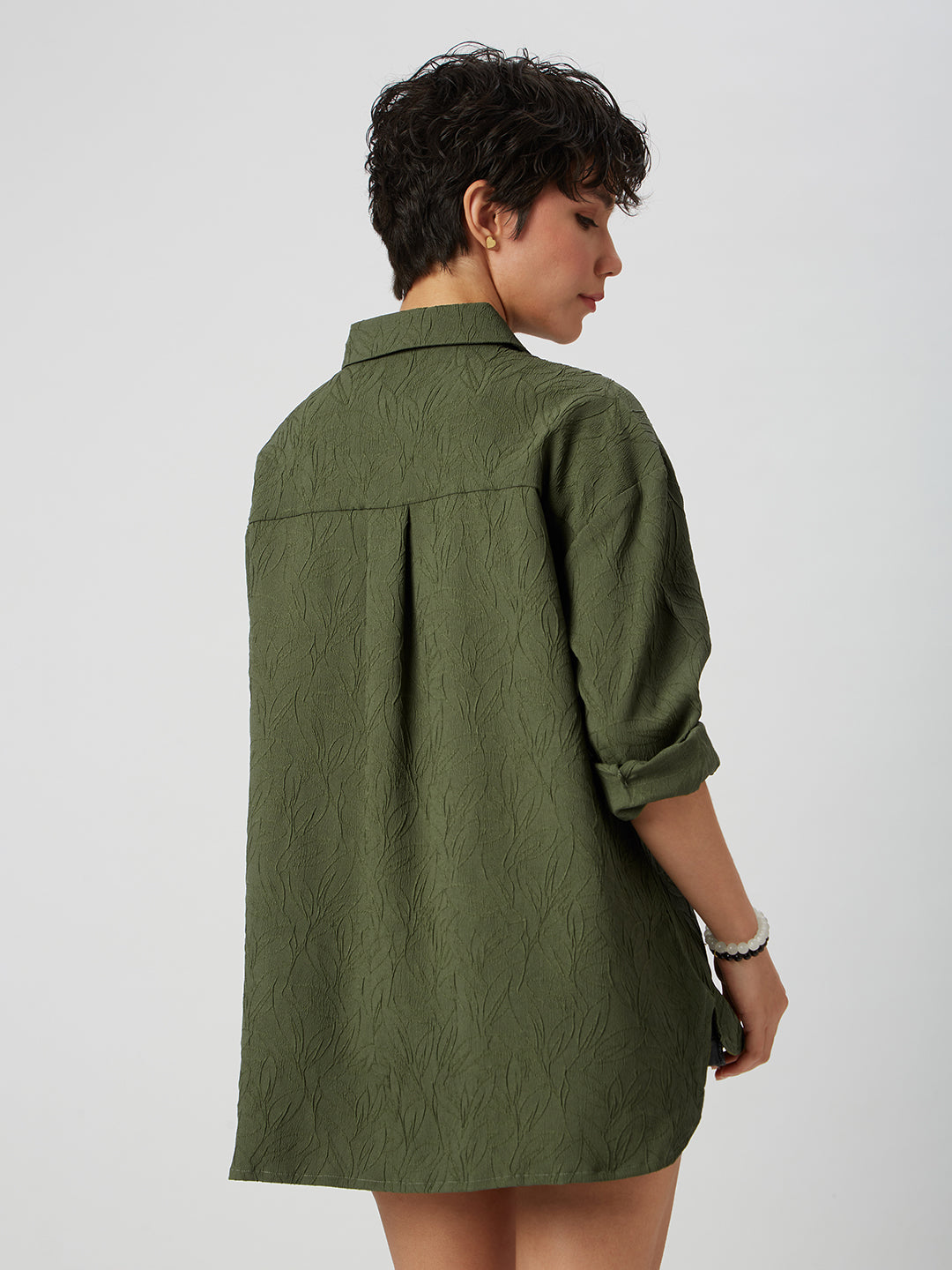 Olive Leafy Textured Oversized Shirt