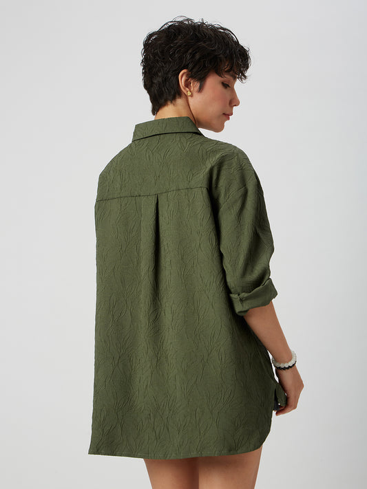 Olive Leafy Textured Oversized Shirt