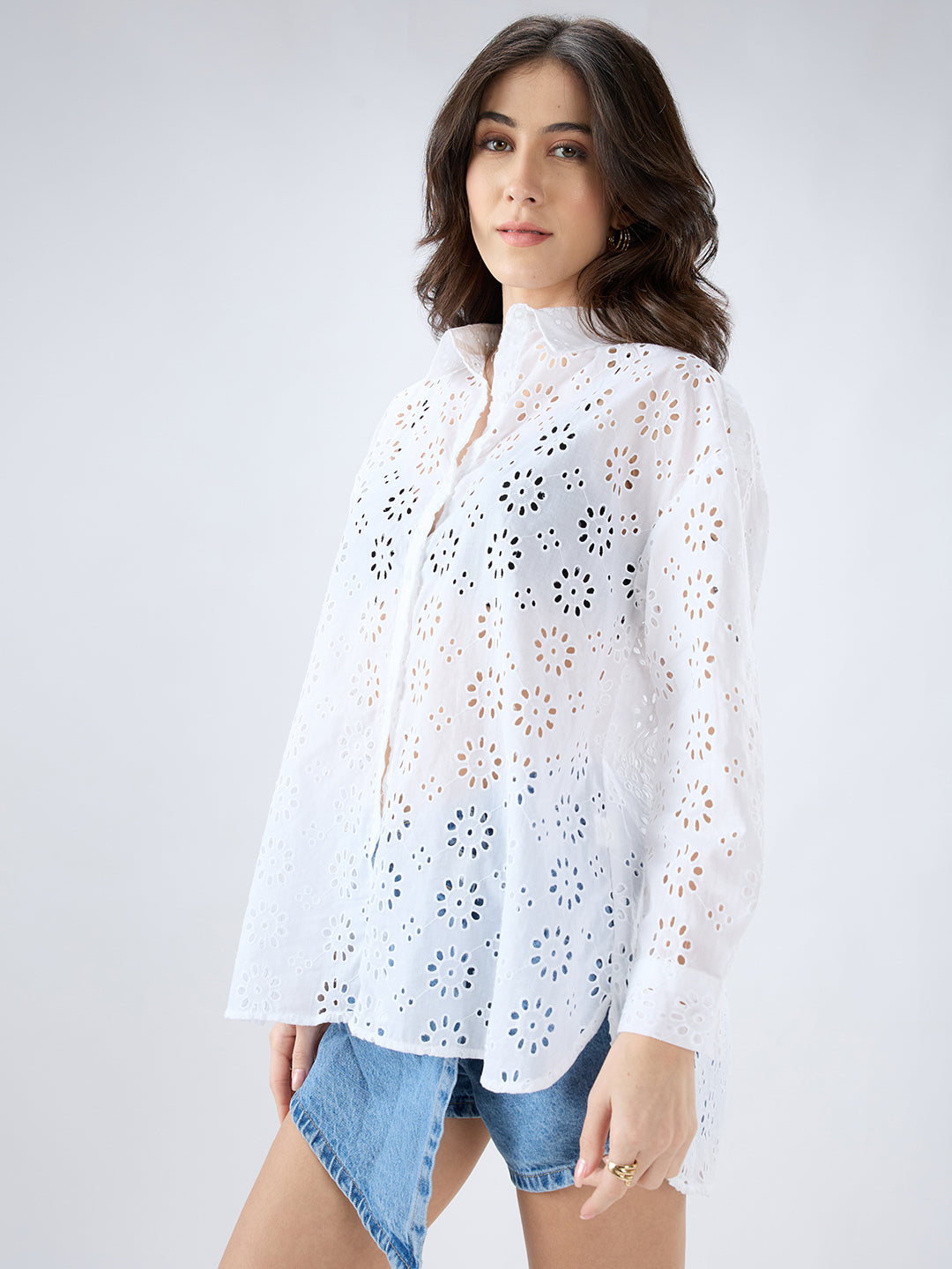 White Floral Schiffli Oversized Shirt
