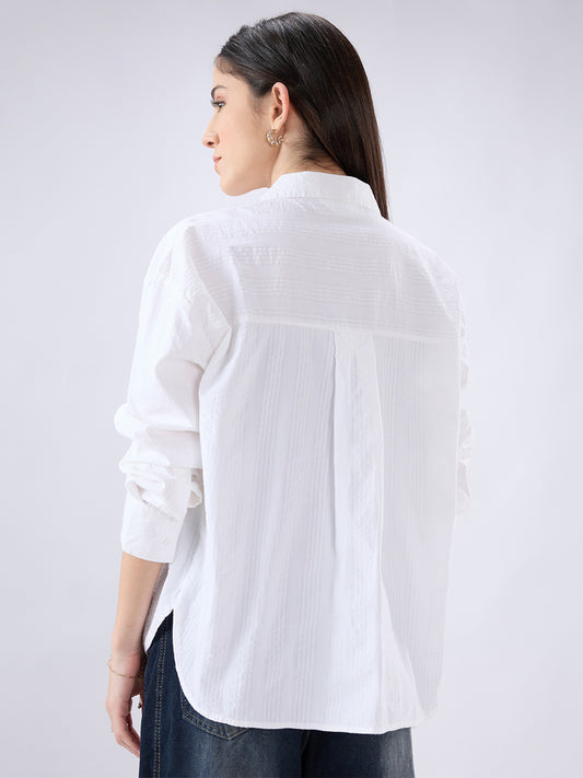Pearl White Seersucker Oversized Shirt