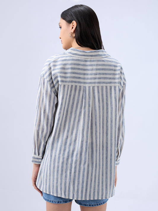 Cream and Blue Balanced Stripe Oversized Shirt