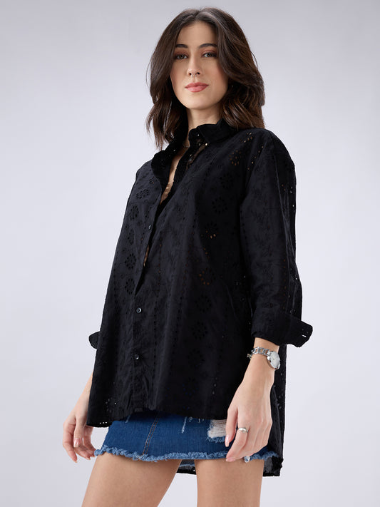 Black Schiffli Oversized Shirt