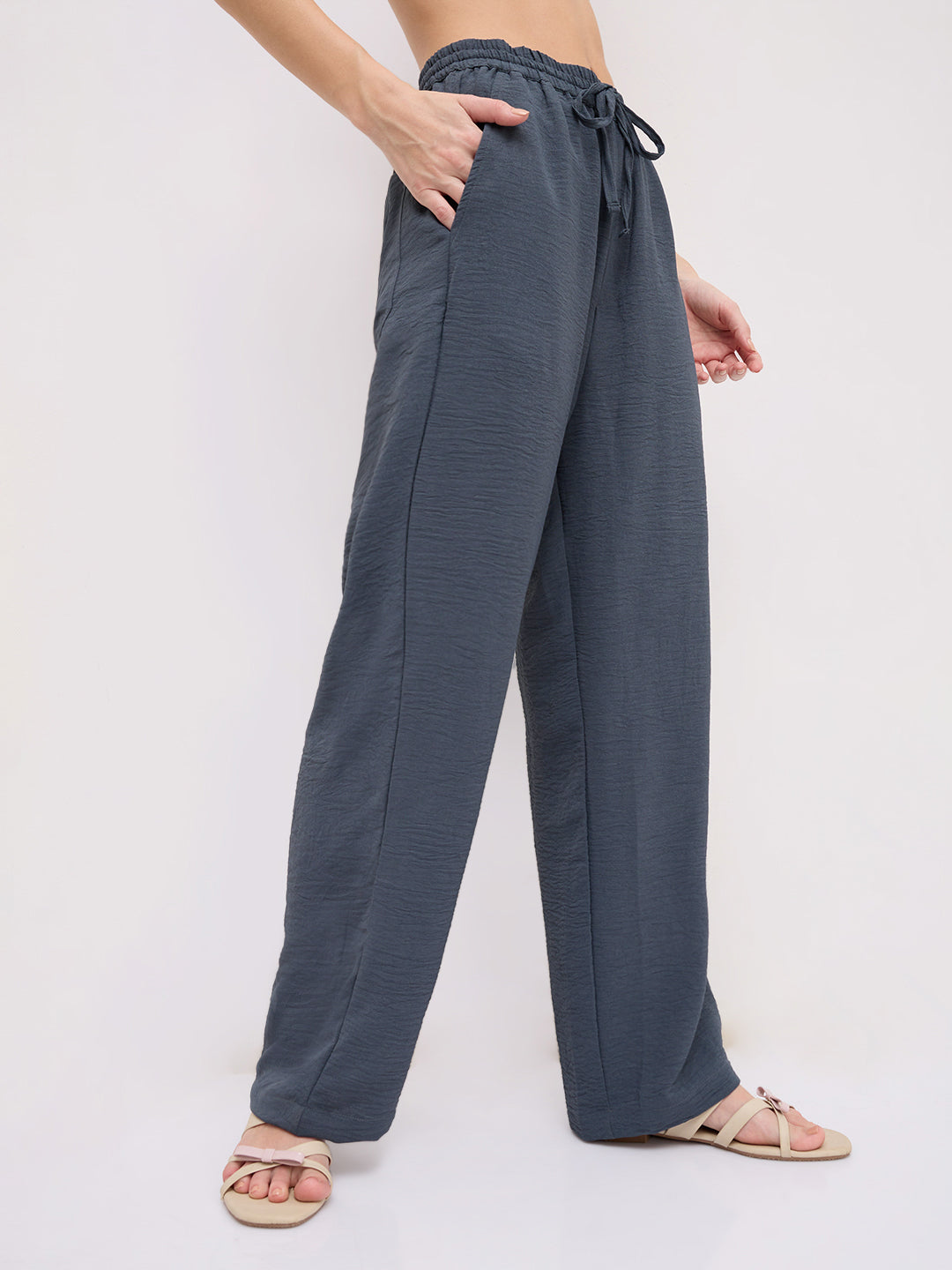 Plush Grey Crinkled Straight Fit Trousers
