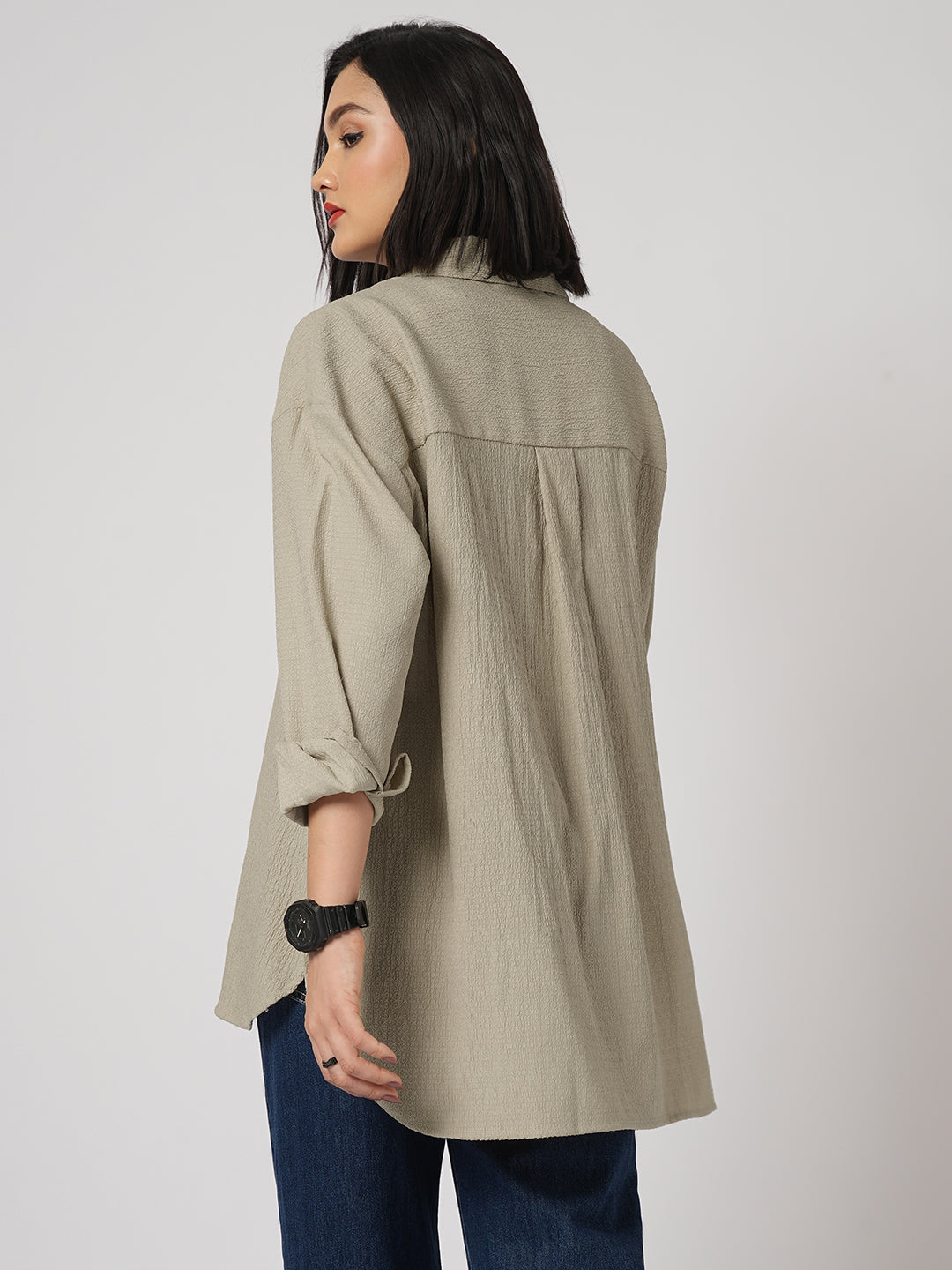 Beige Textured Oversized Shirt