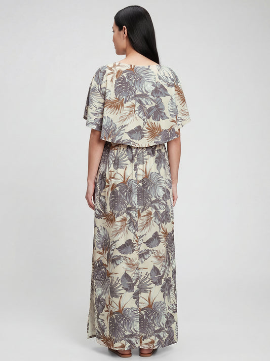 Beige Palm Leaf Tropical Printed Maternity Dress