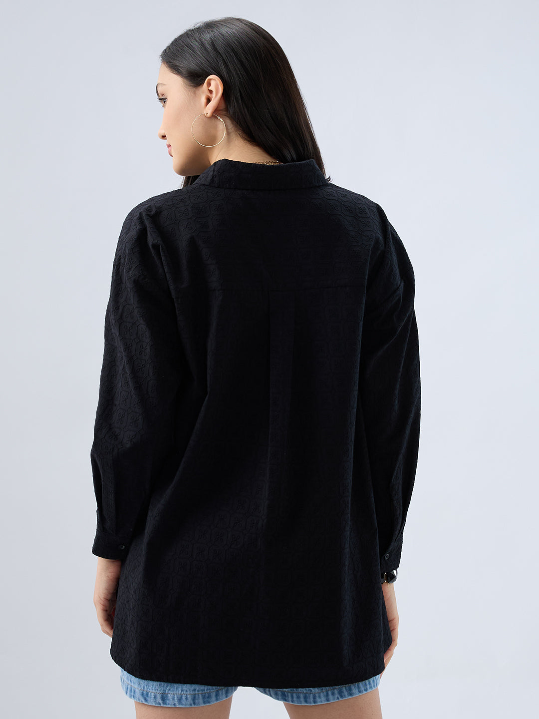 Deep Black Embroidered Oversized Shirt
