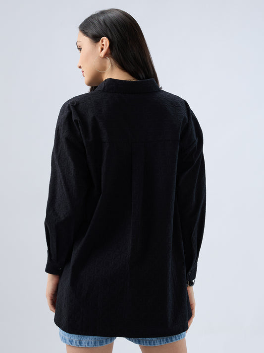 Deep Black Embroidered Oversized Shirt