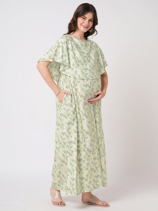 White & Green Leafy Printed Maternity Dress