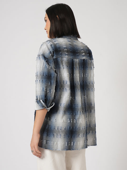 Blue & White Self Design Frayed Oversized Shirt