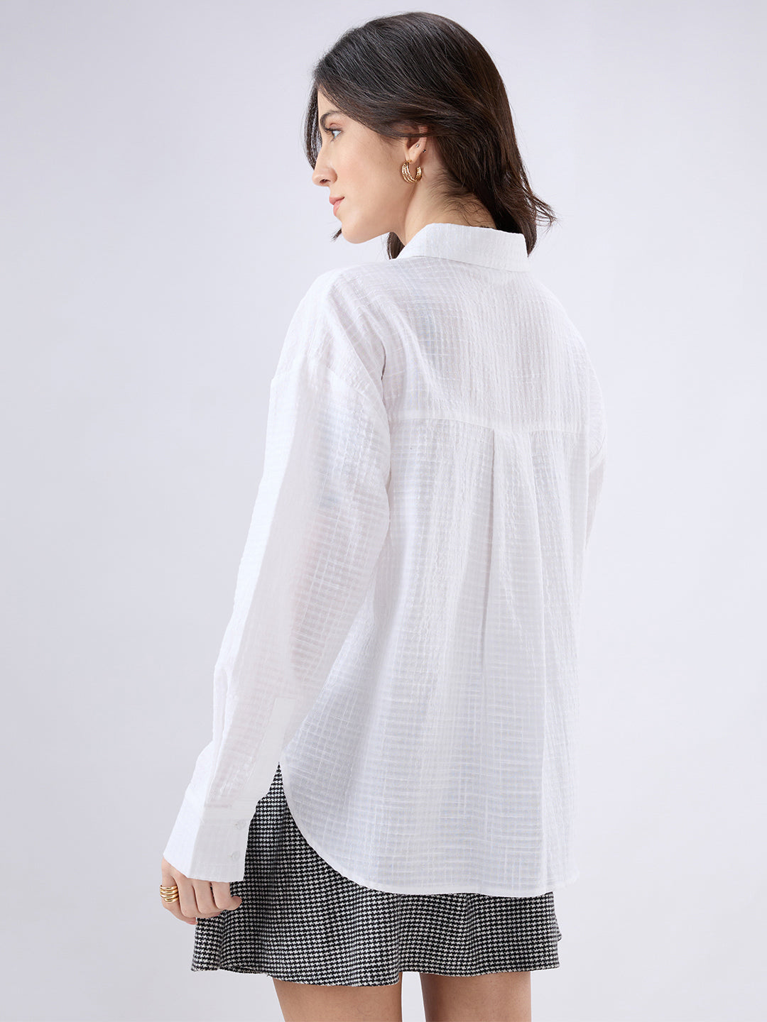 White Seersucker Textured Oversized Shirt