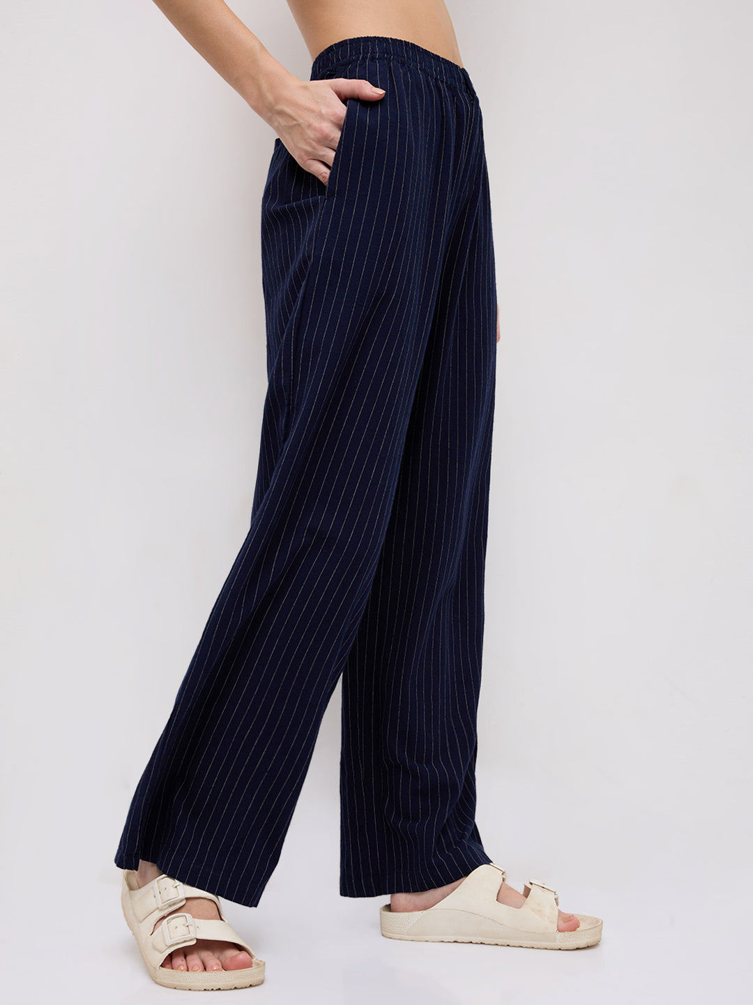 Deep Navy Pin Stripe Wide Leg Trousers