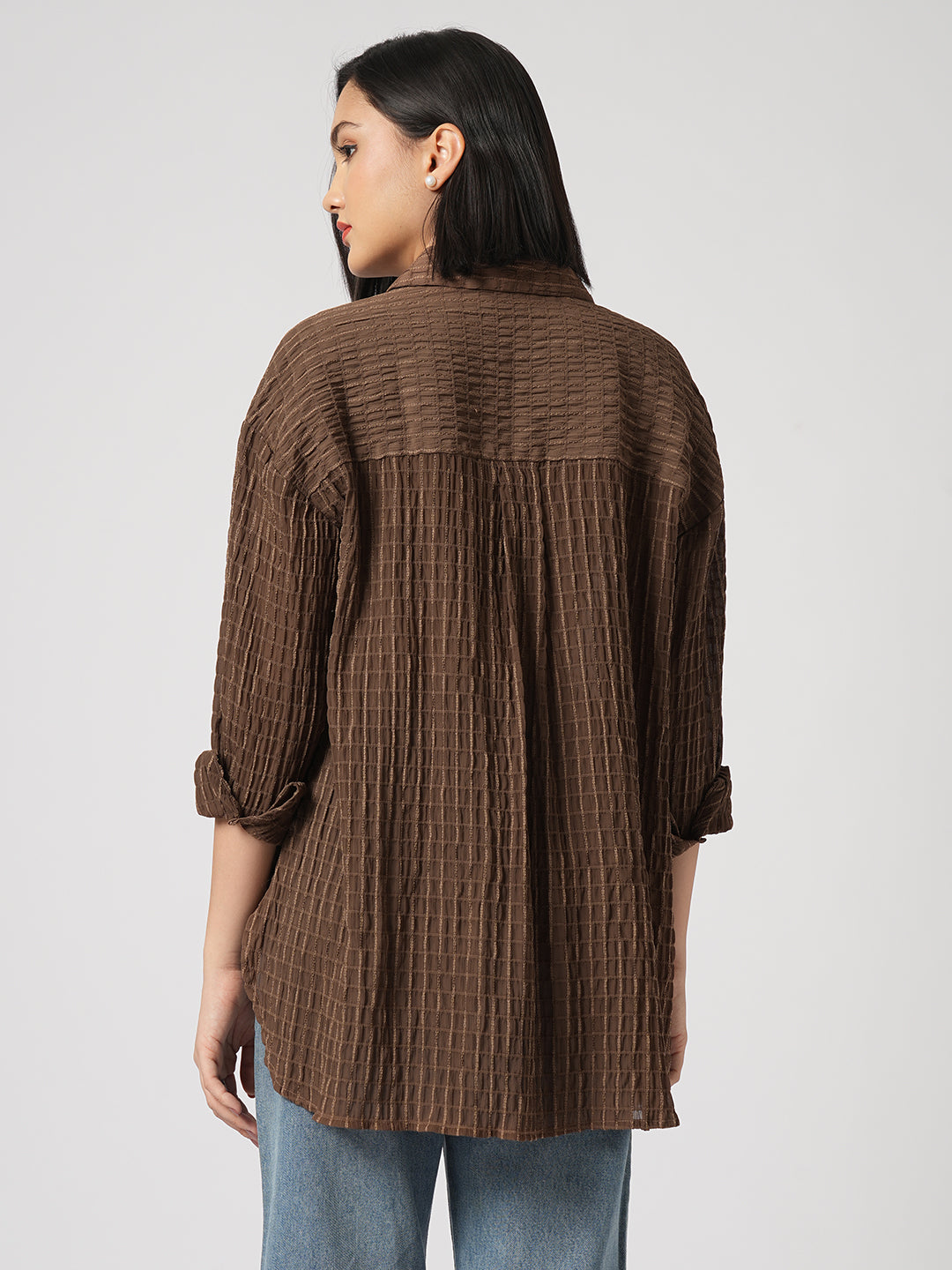 Chamoisee Brown Matrix Checks Oversized Shirt