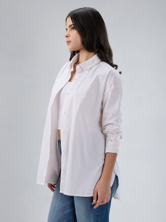 Beige & White Pin Striped Seersucker Oversized Shirt