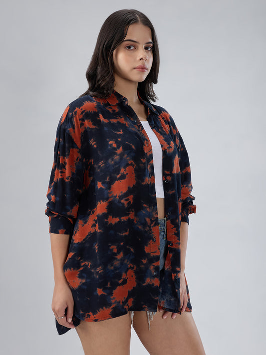 Black & Tangerine Tie- Dye Oversized Crepe Shirt