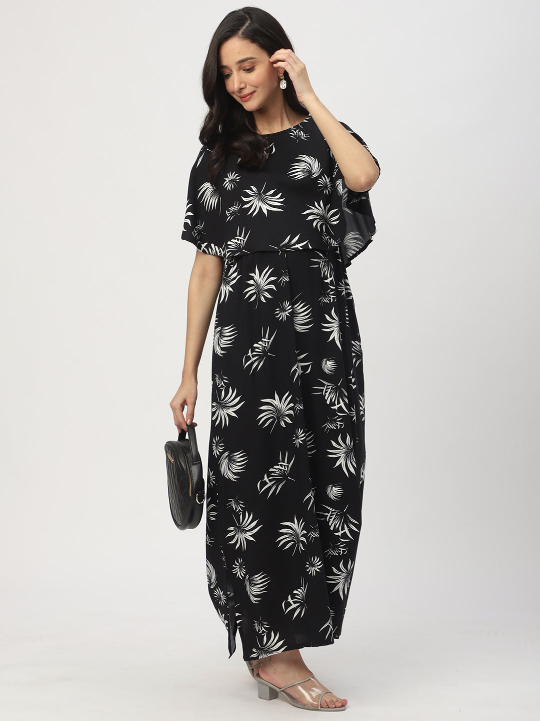Black Leafy Printed Comfy Maternity Dress