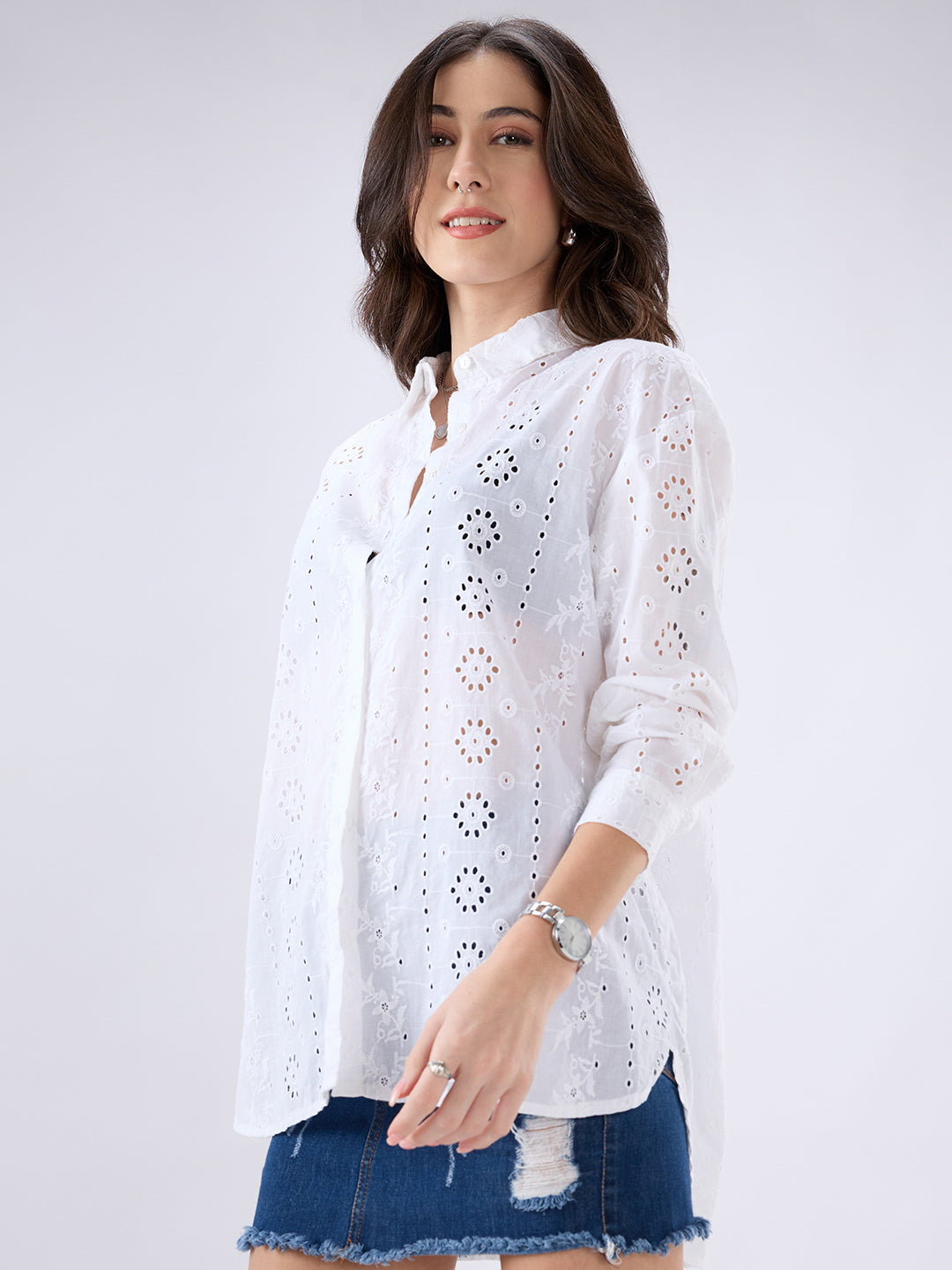 White Schiffli Oversized Shirt