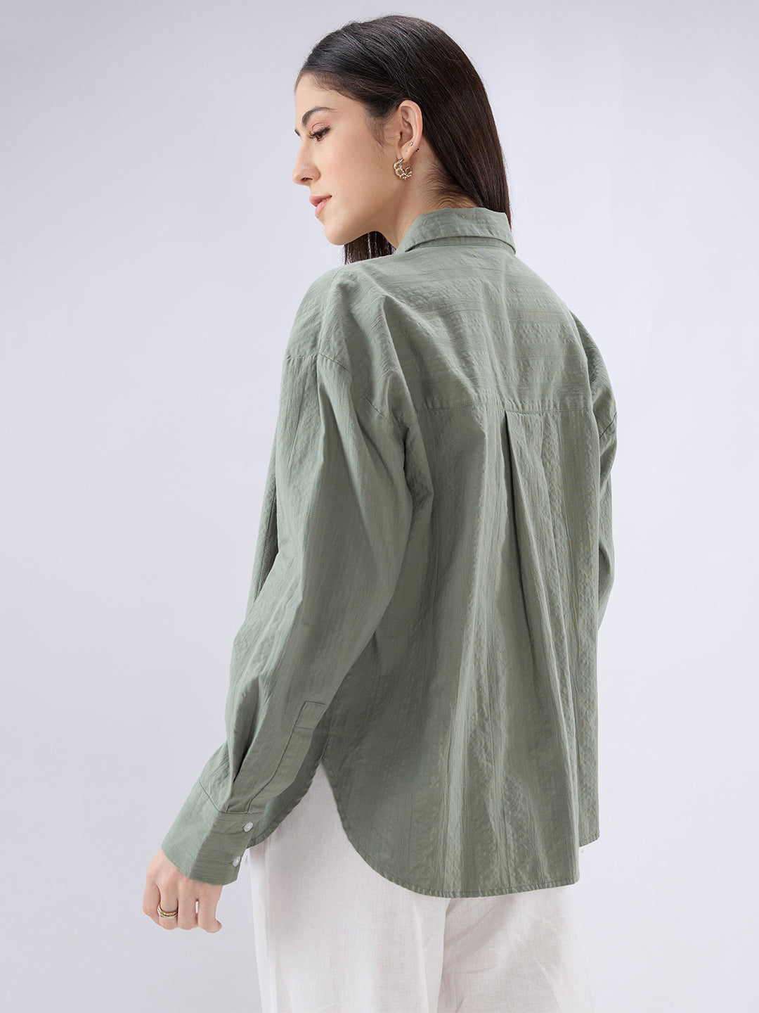 Olive Seersucker Textured Oversized Shirt