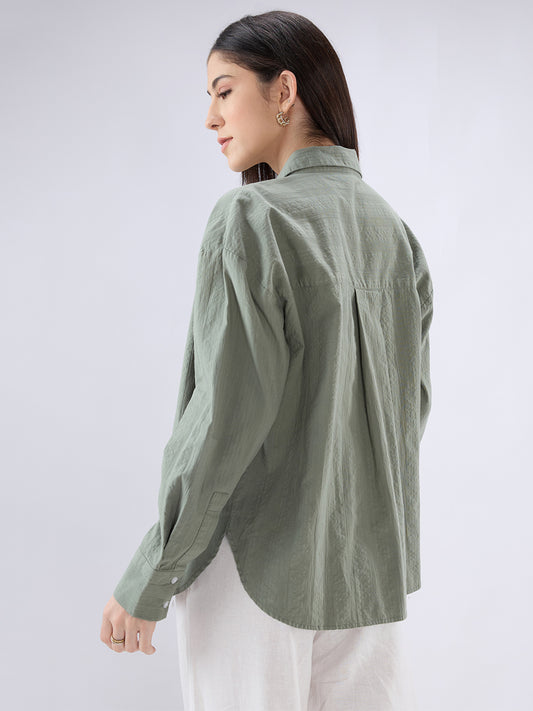 Olive Seersucker Textured Oversized Shirt
