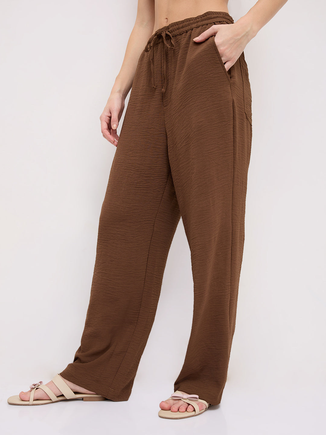 Mocha Brown Crinkled Straight Fit Trousers