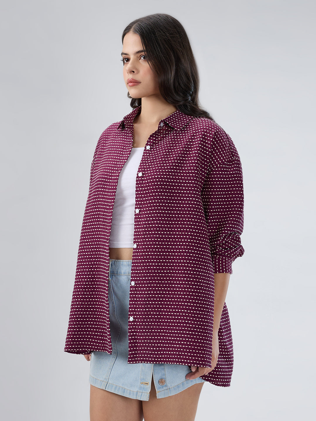 Maroon Dotted Drama Jacquard Oversized Shirt