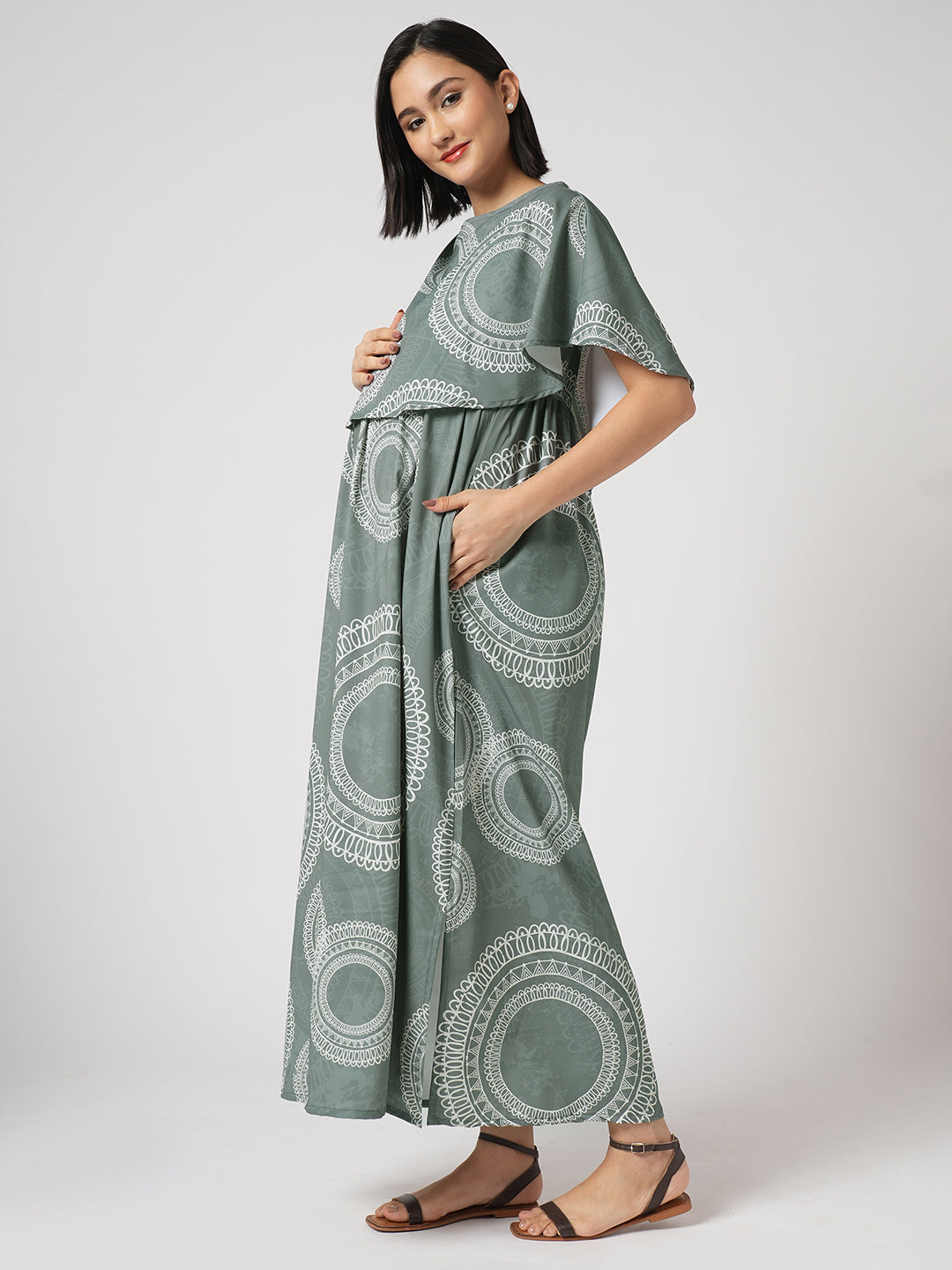 Sage Green Mandala Printed Maternity Dress