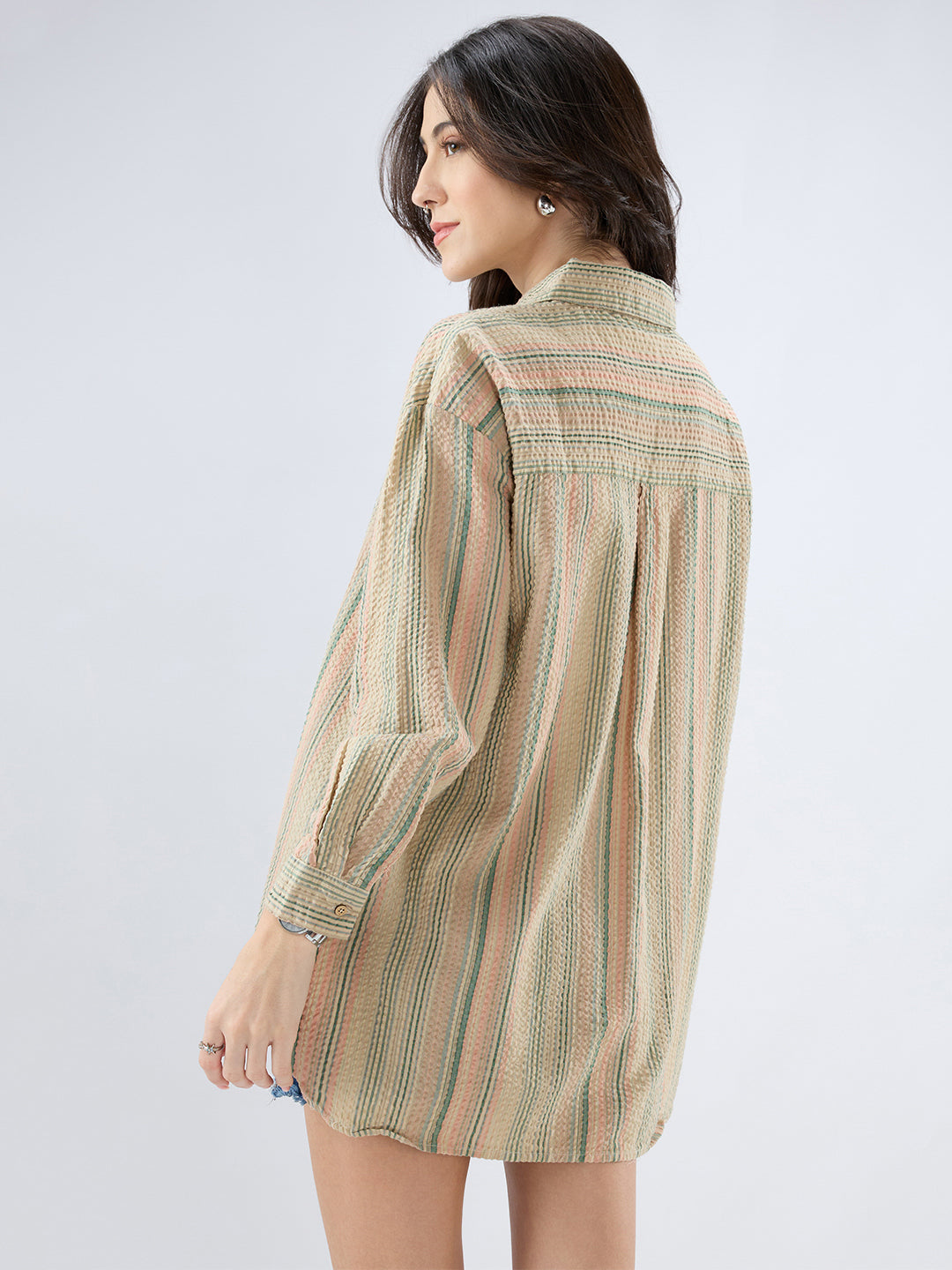 Multicolor Striped Seersucker Oversized Shirt