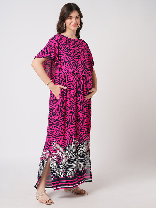 Pink & Black Multicolor Abstract Printed Maternity Dress