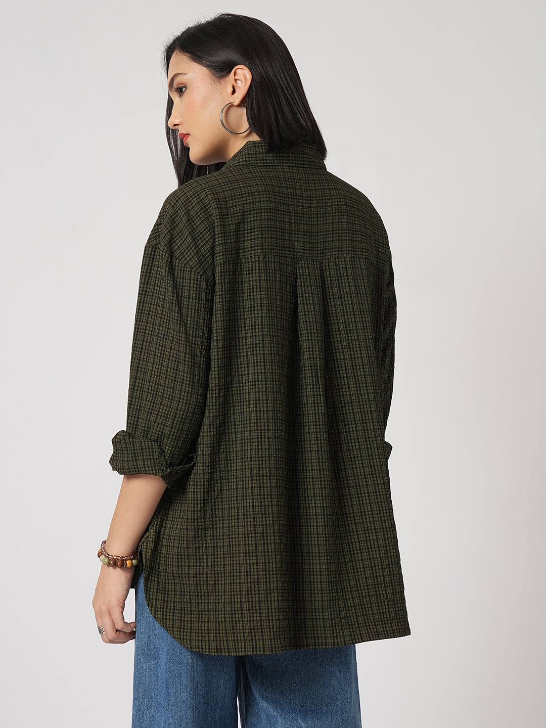 Reseda Green Vintage Mini Checks Oversized Shirt