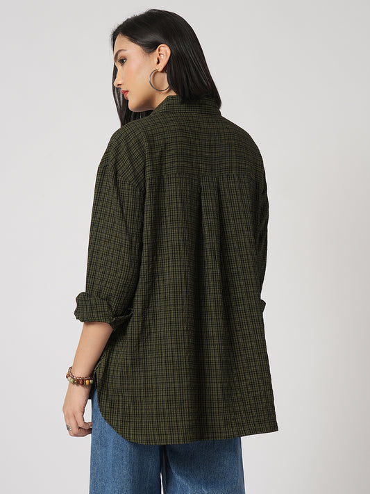 Reseda Green Vintage Mini Checks Oversized Shirt