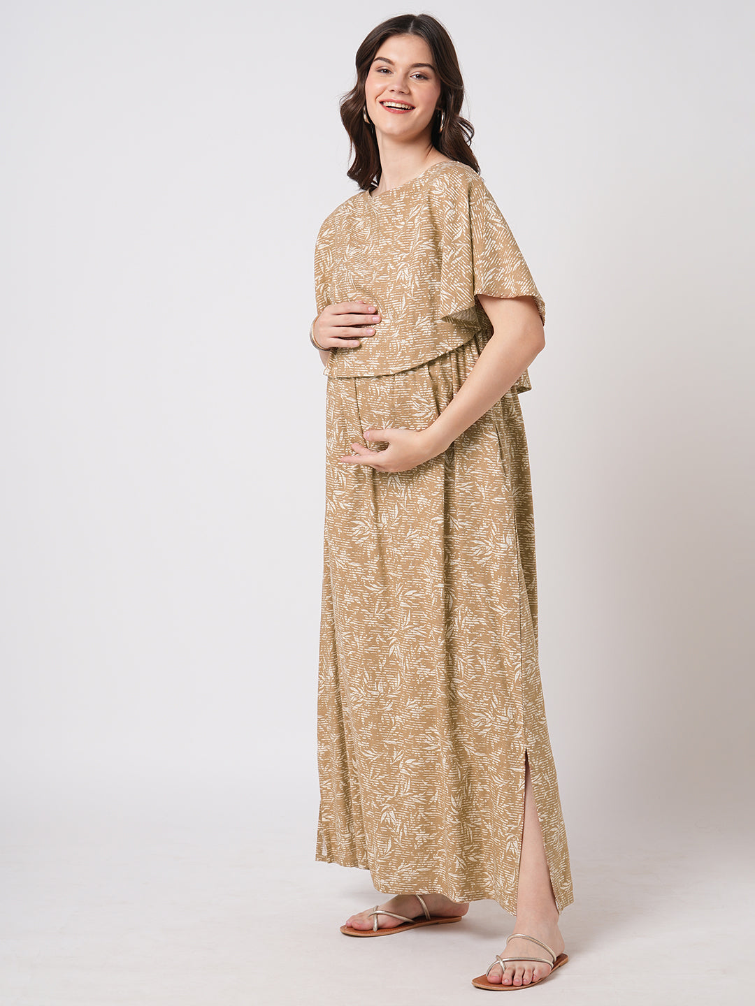 Tawny Brown Leafy Printed Maternity Dress