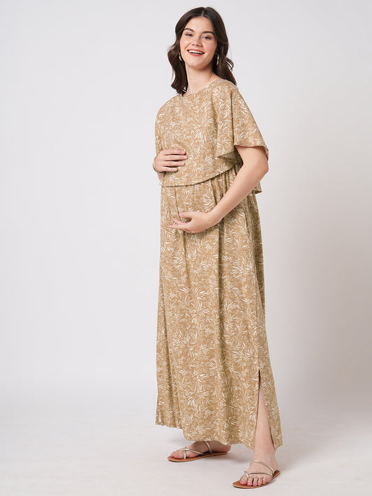 Tawny Brown Leafy Printed Maternity Dress