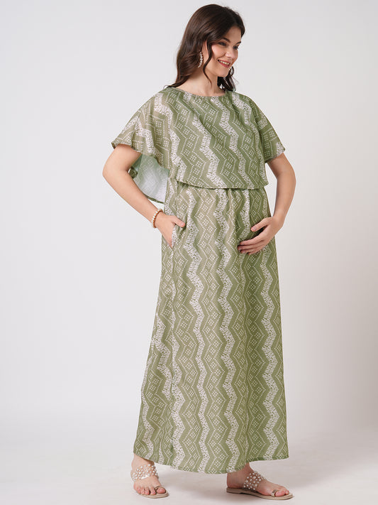 Basil Green Ikat Printed Maternity Dress
