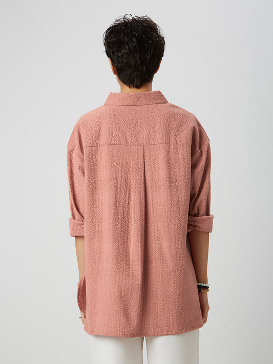 Coral Pink Seersucker Oversized Shirt